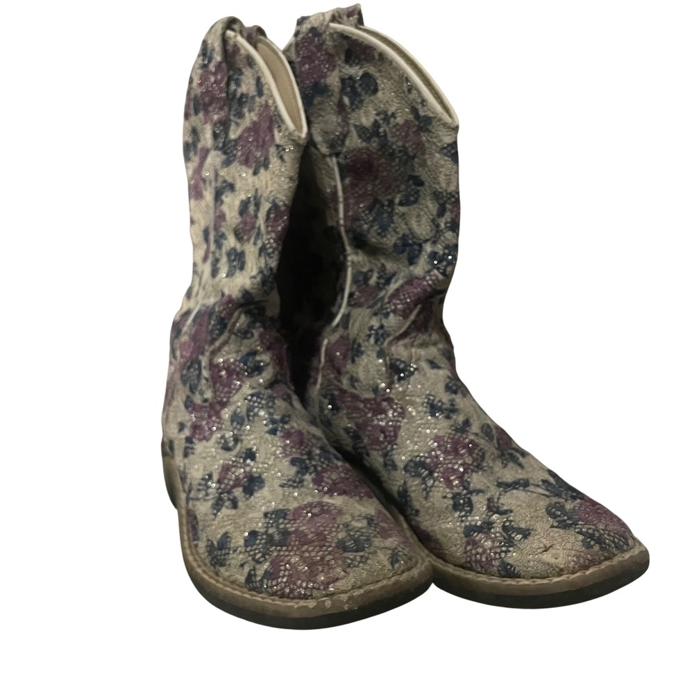 Old West Kids Girls Floral Lace Glitter Cowboy Boots Silver Purple VB9151 13.5 D